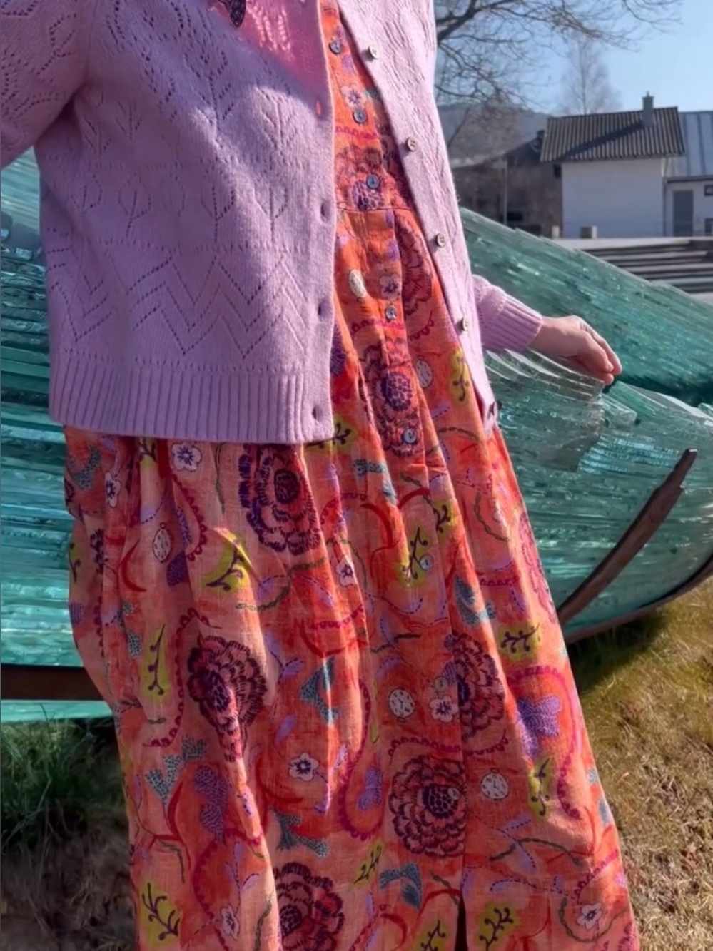 GUDRUN SJODEN like new Orange Floral organic cotton Maxi Dress w Purple Accents - Picture 8 of 9